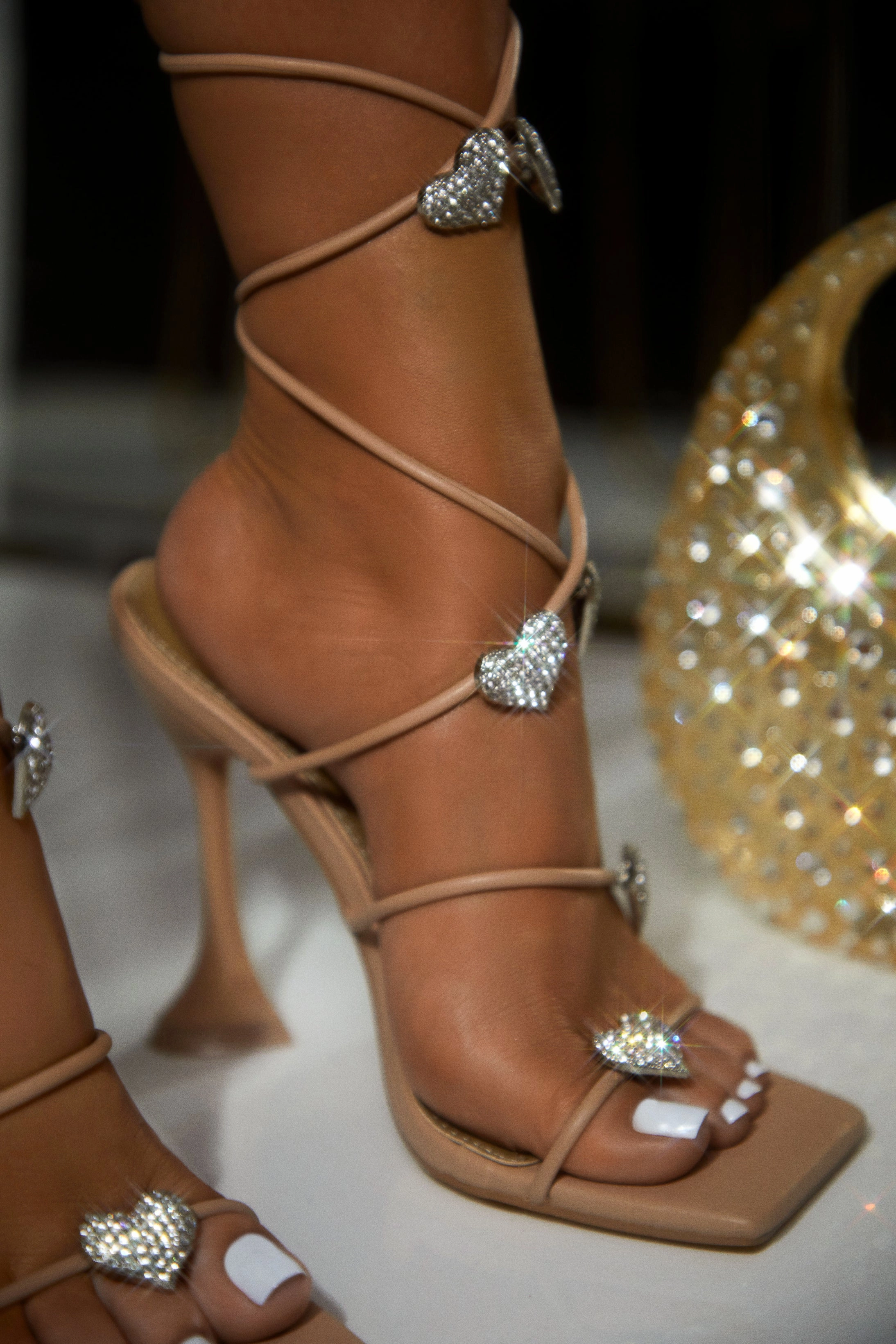 About Love Embellished Lace Up High Heels - Nude