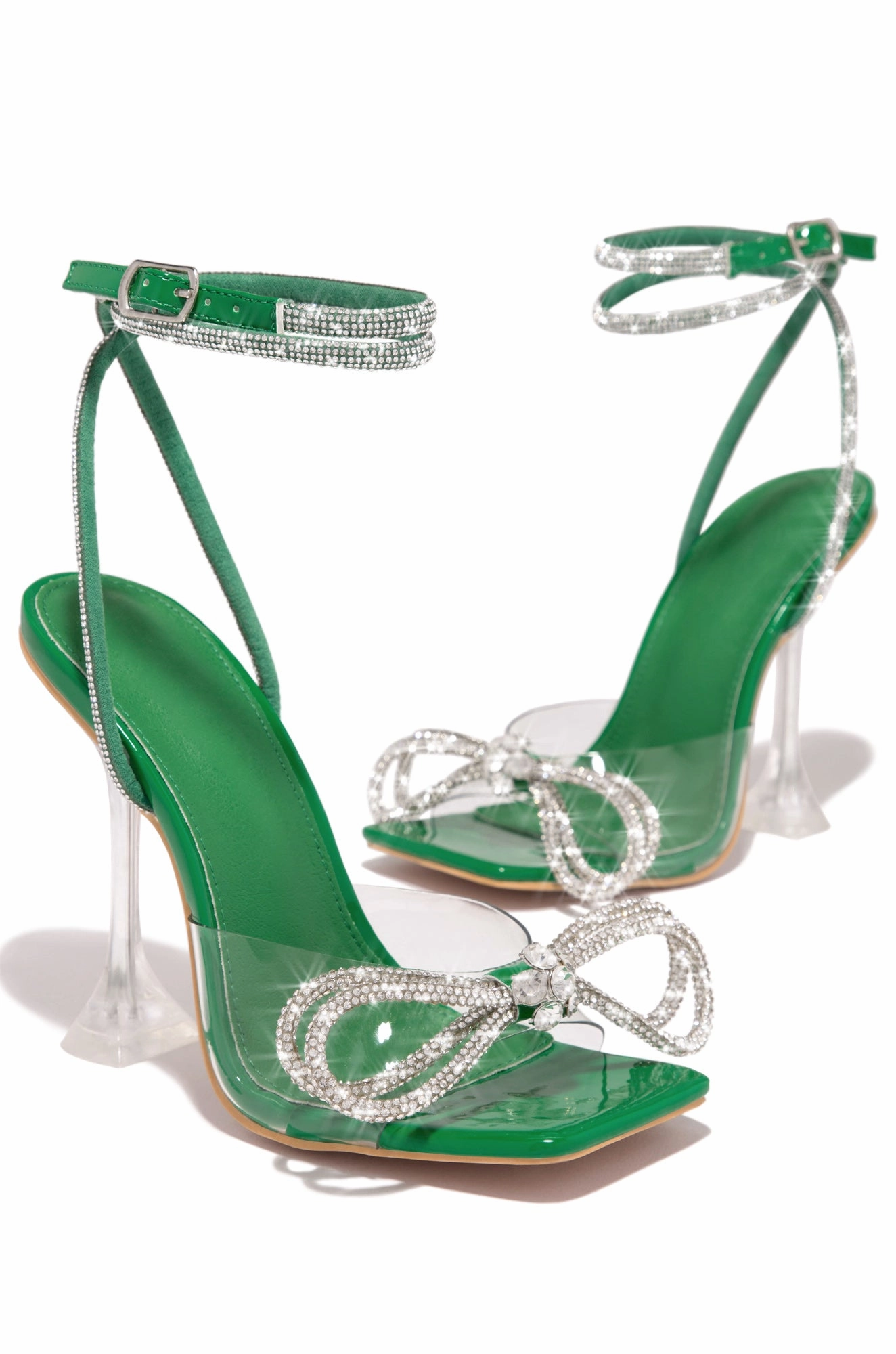 Amaria Embellished Bow Strap High Heels - Green