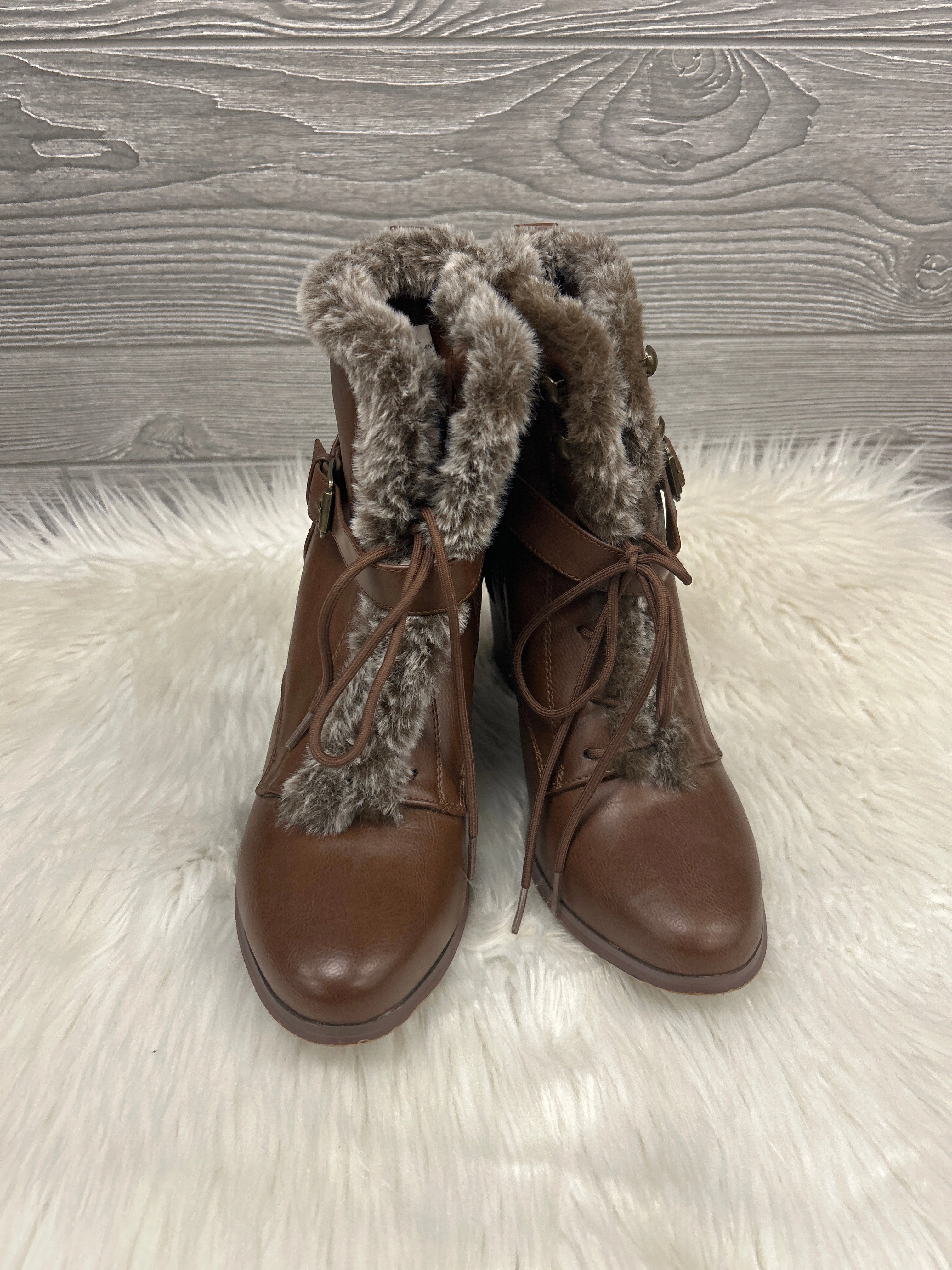 Boots Ankle Heels By Xoxo In Brown, Size: 10