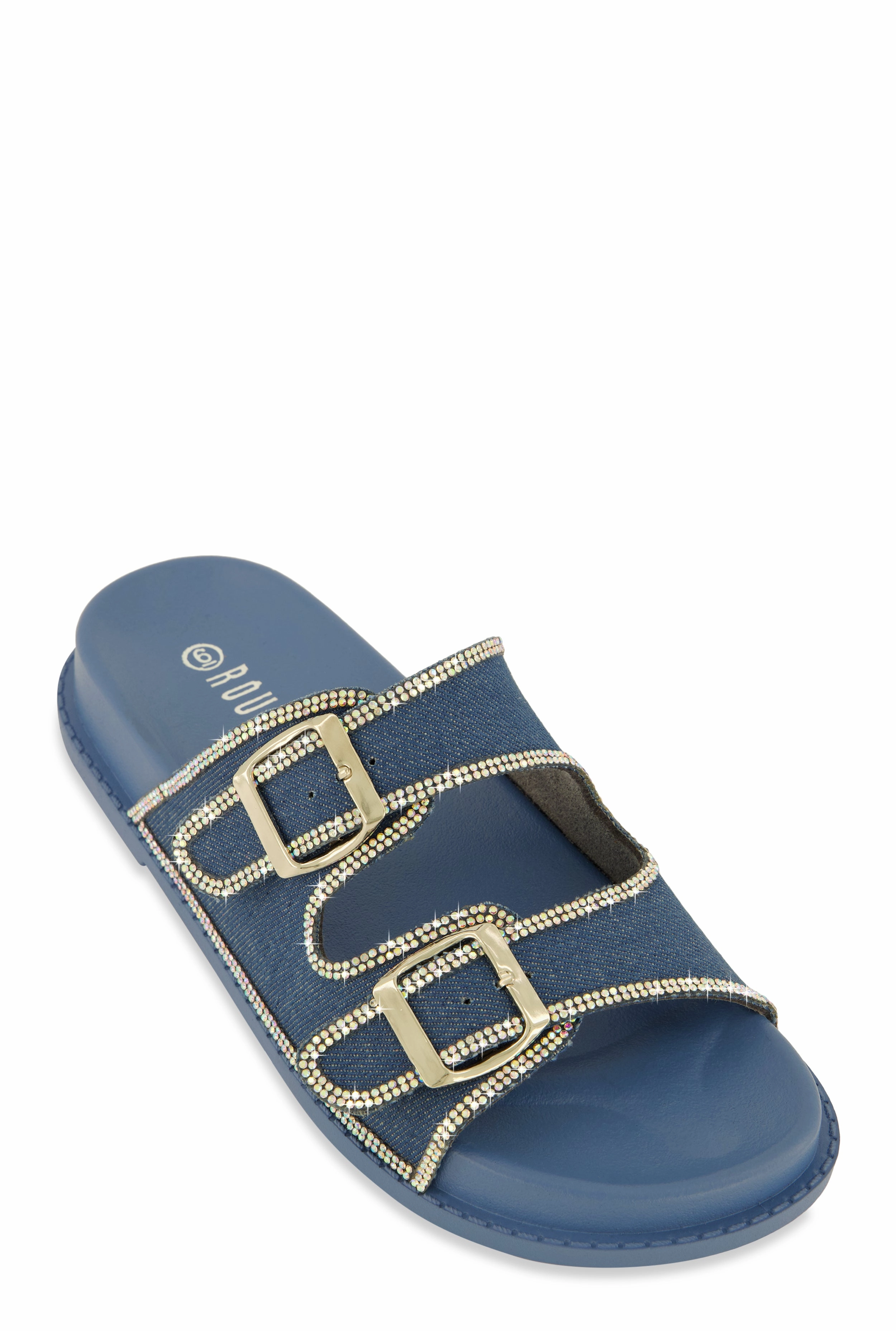 Double Buckle Band Studded Trim Slide Sandals