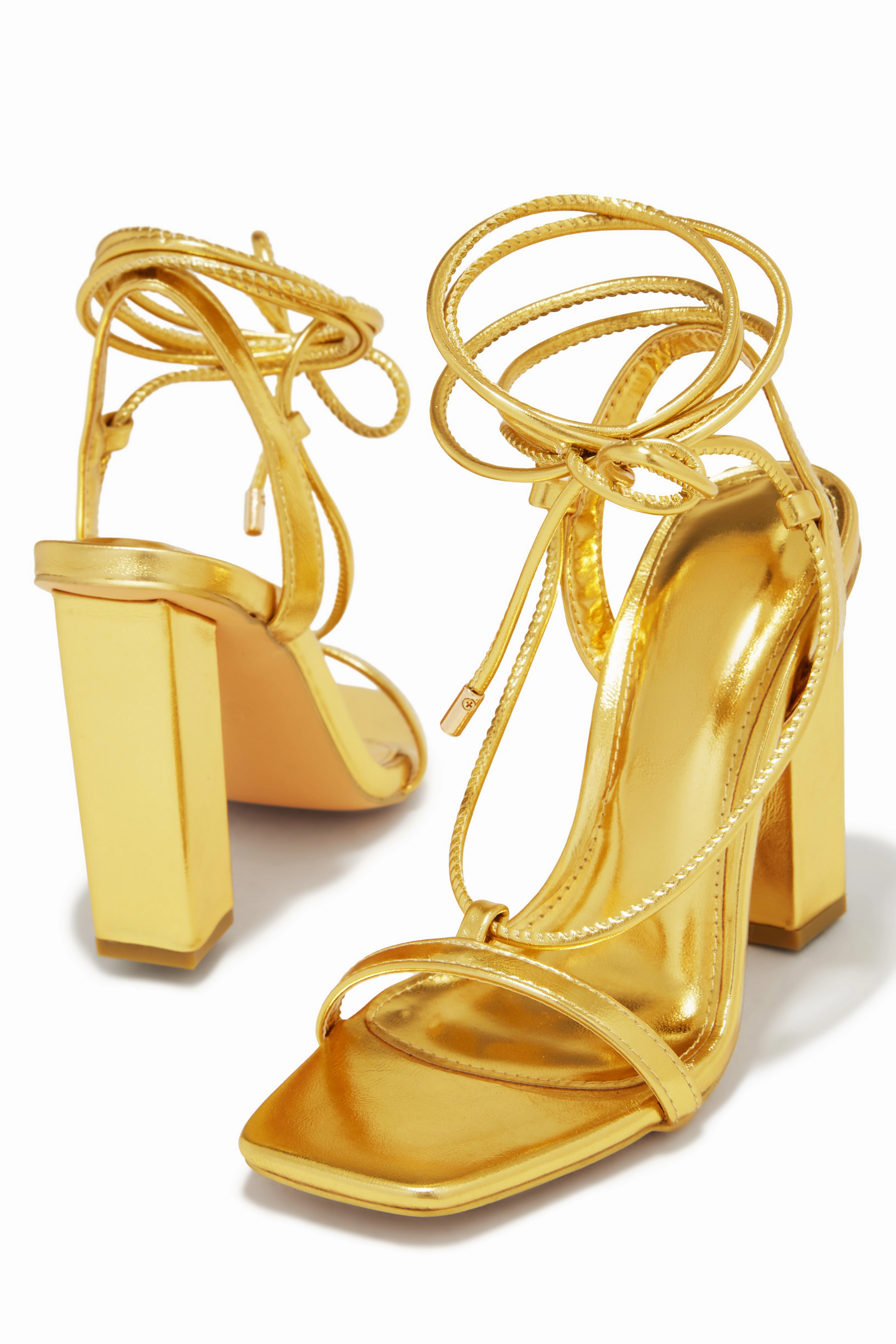Evonne Lace Up Block Heels - Gold
