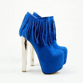 Fringe Blue Suede High Heel Platform Boots