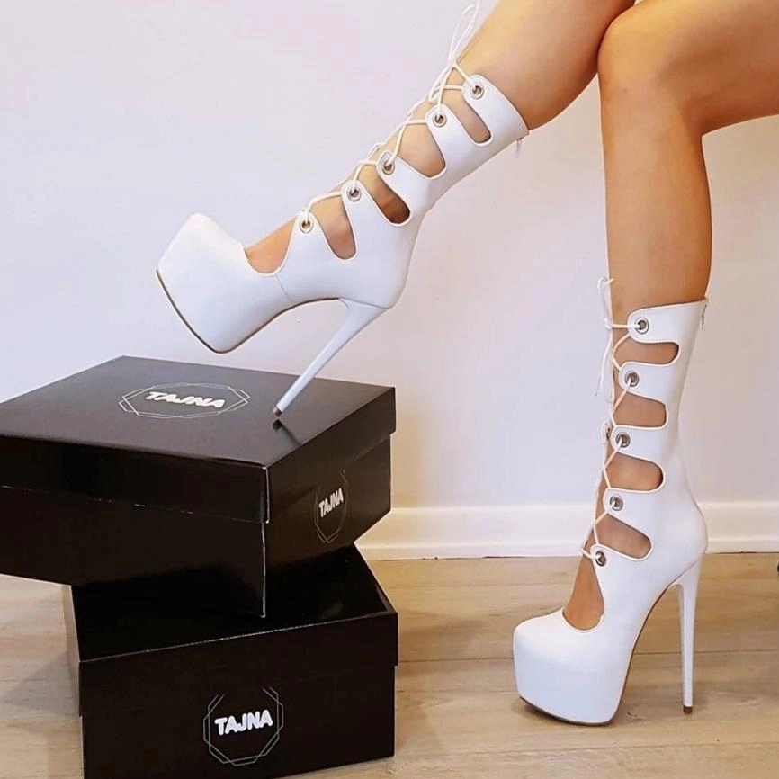 Gladiator Thin White Platform Lace Up Boots