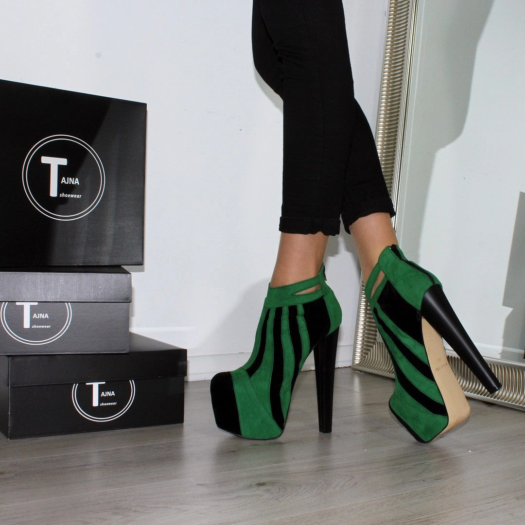 Green Black Stripe High Heel Platform Ankle Boots