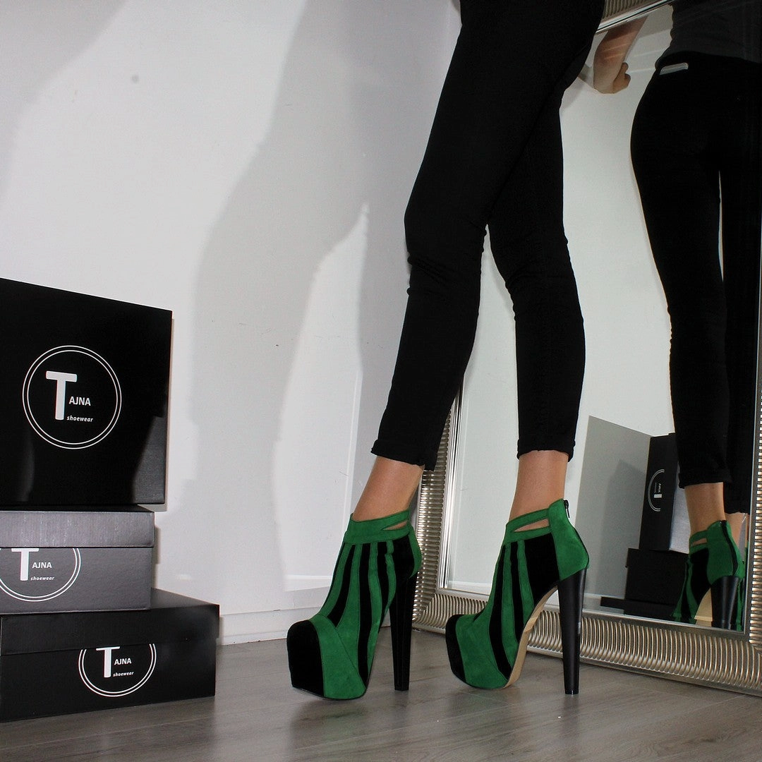 Green Black Stripe High Heel Platform Ankle Boots