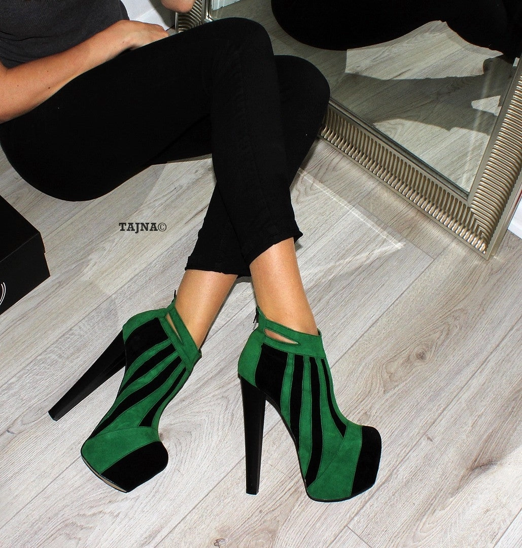 Green Black Stripe High Heel Platform Ankle Boots