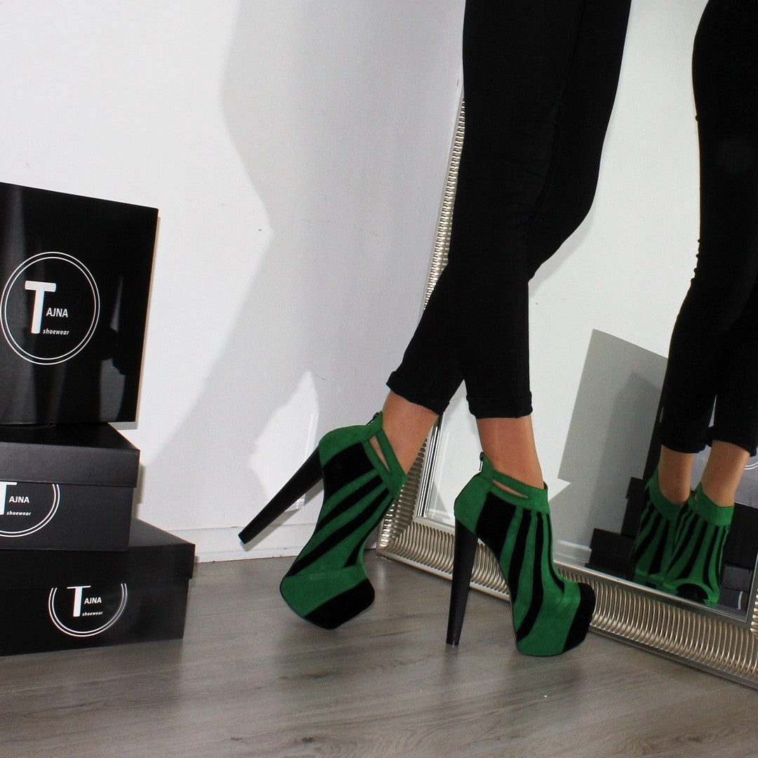 Green Black Stripe High Heel Platform Ankle Boots