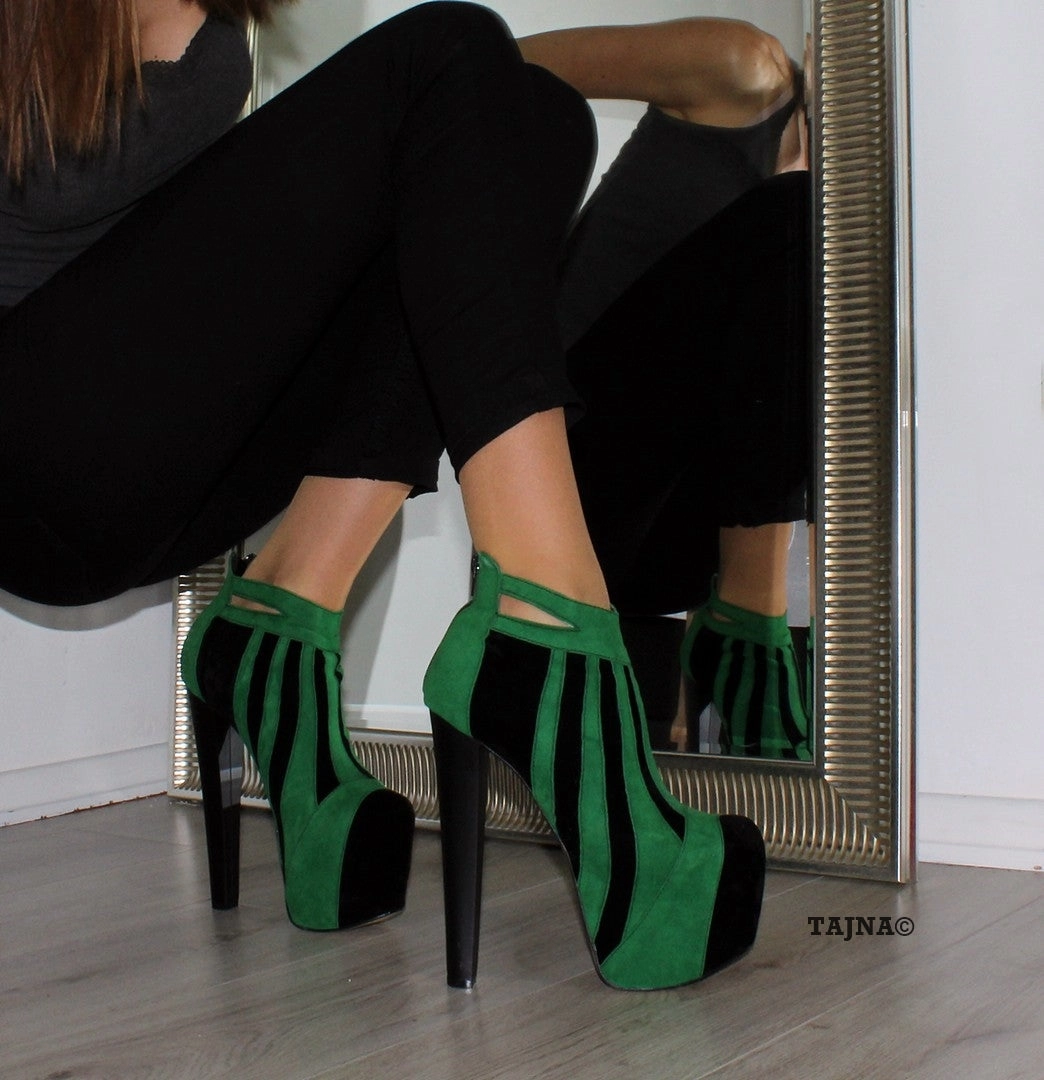 Green Black Stripe High Heel Platform Ankle Boots
