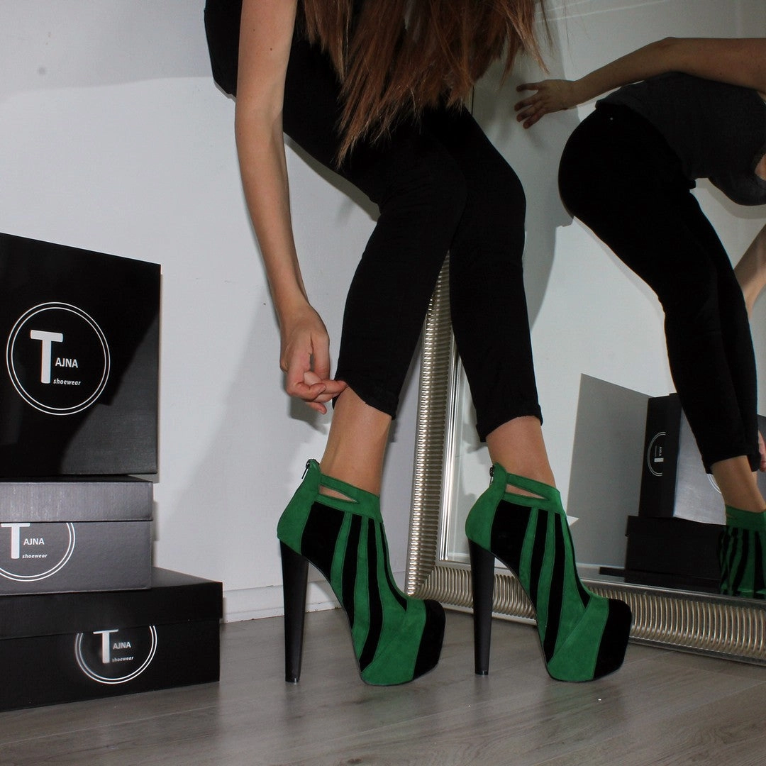 Green Black Stripe High Heel Platform Ankle Boots
