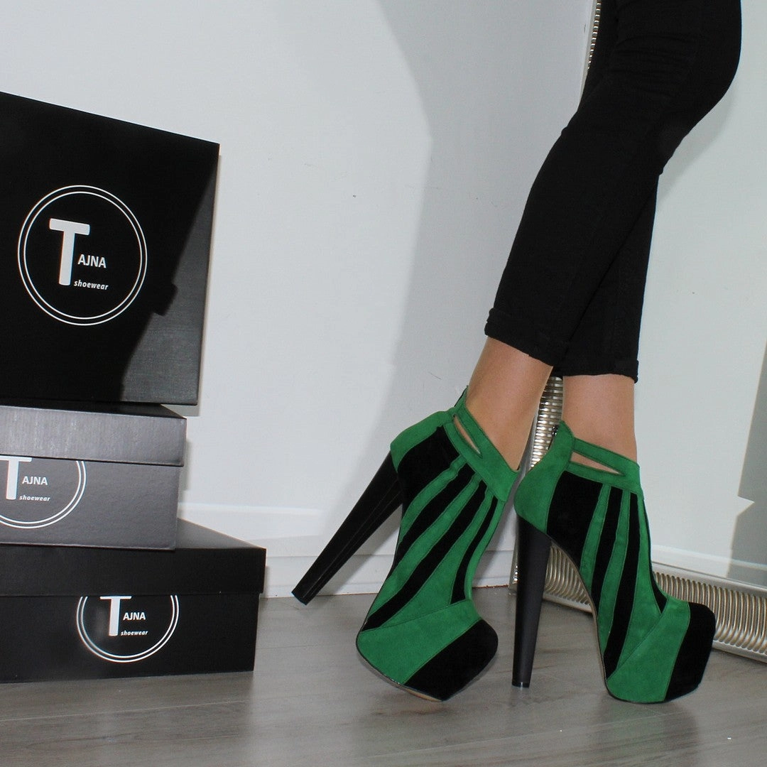 Green Black Stripe High Heel Platform Ankle Boots