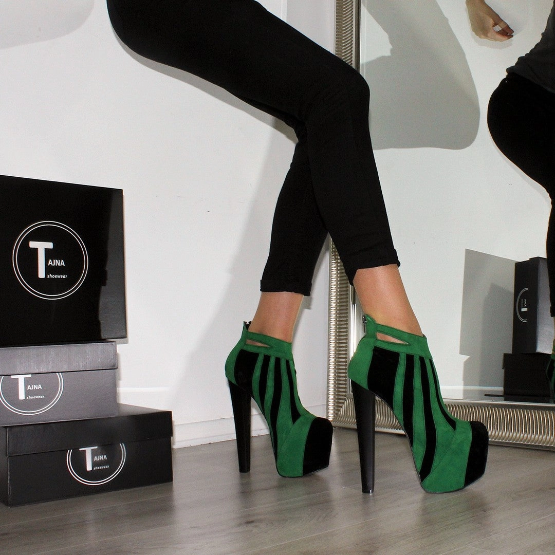Green Black Stripe High Heel Platform Ankle Boots