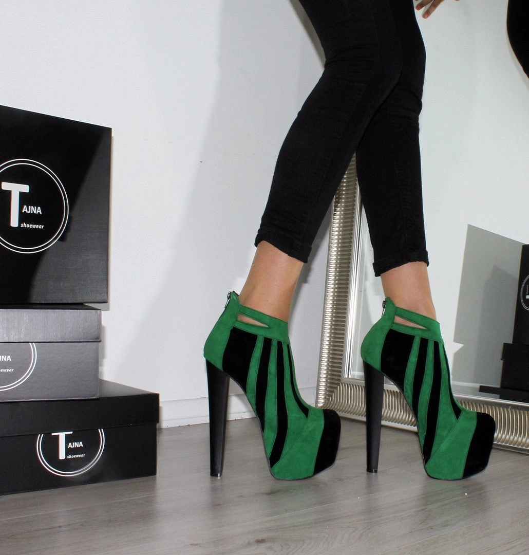 Green Black Stripe High Heel Platform Ankle Boots