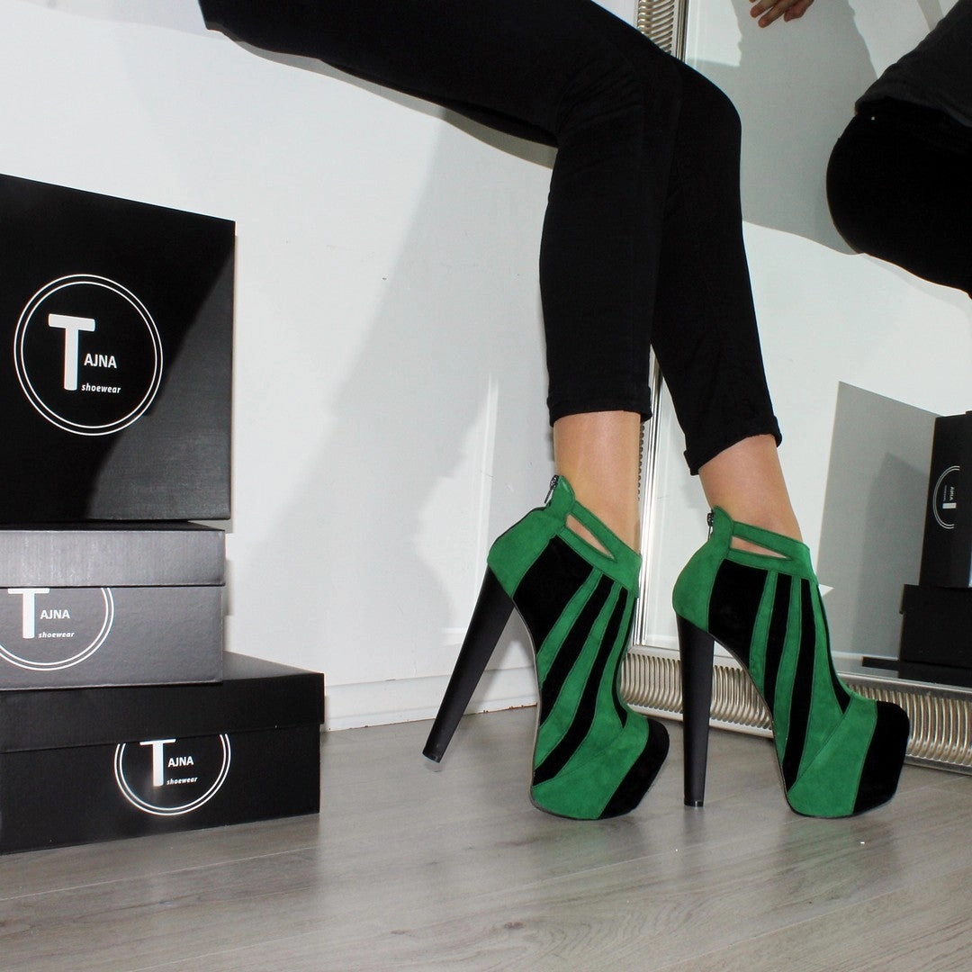 Green Black Stripe High Heel Platform Ankle Boots