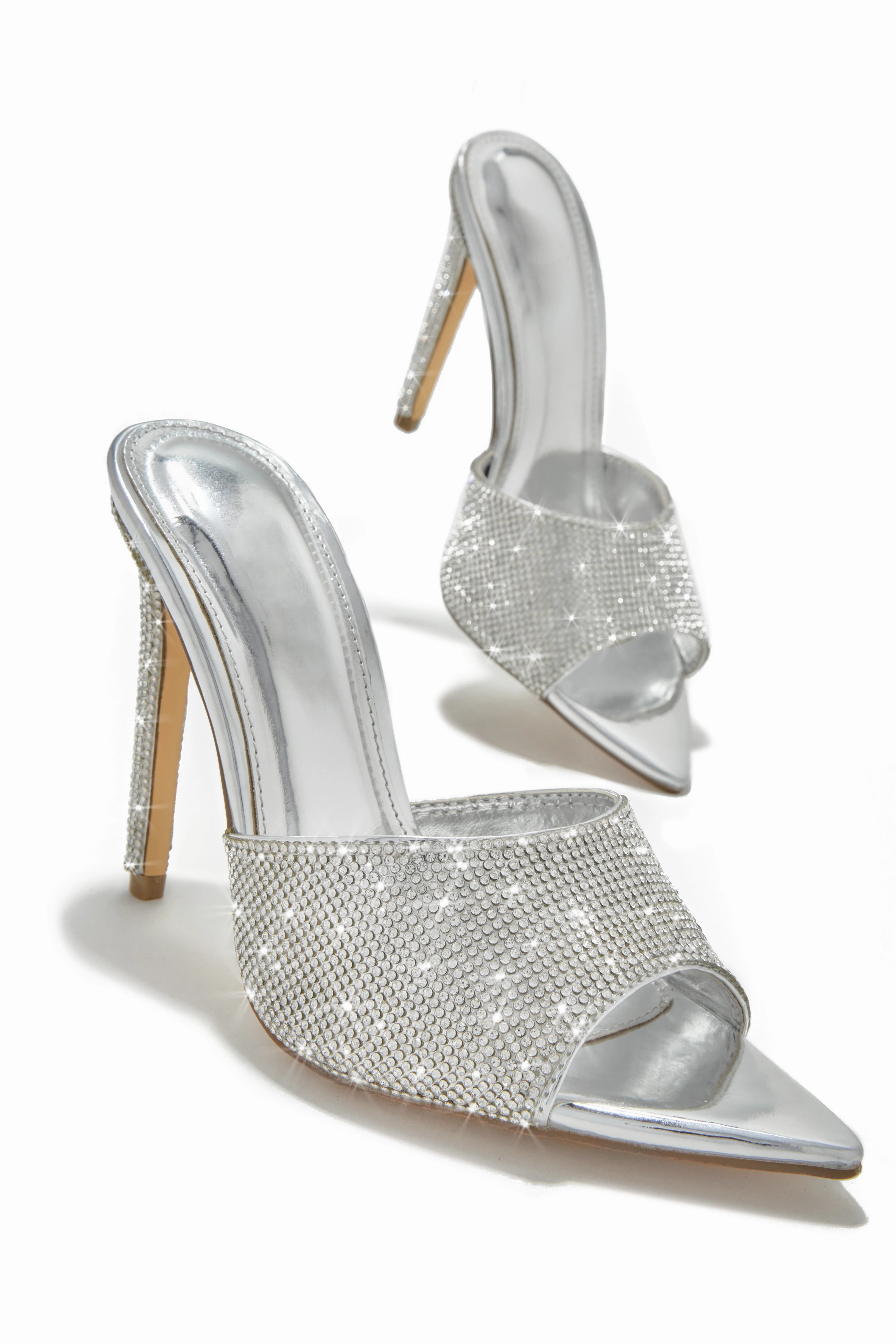Juliene Embellished High Heel Mules - Silver