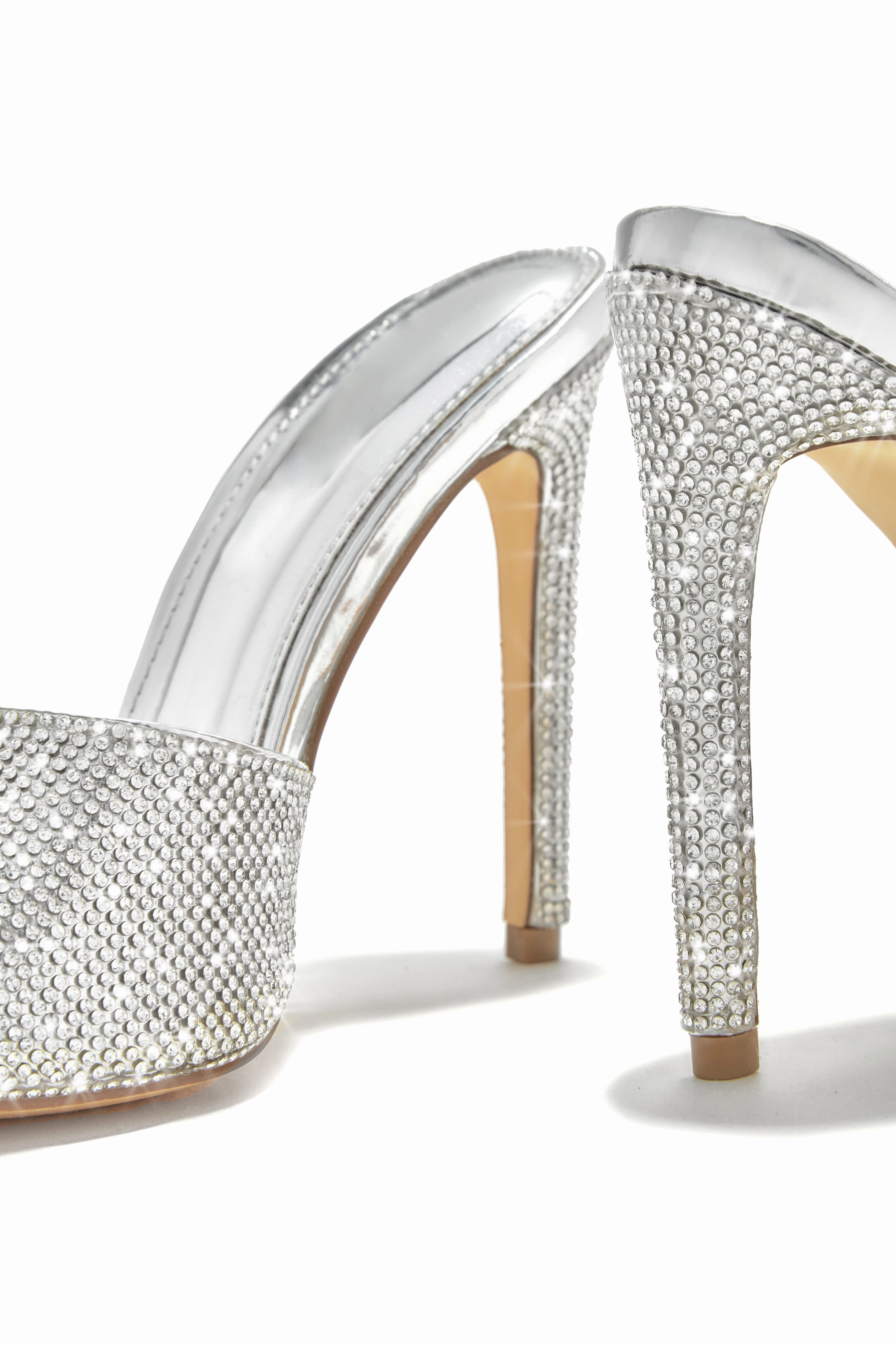 Juliene Embellished High Heel Mules - Silver