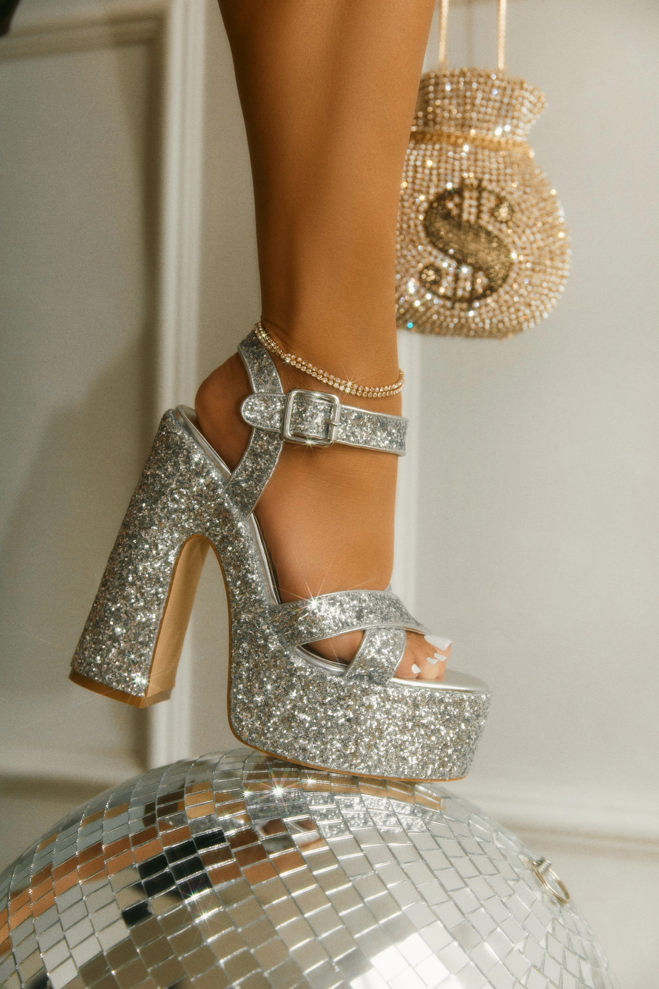 Karelle Glitter Platform Block Heels - Silver