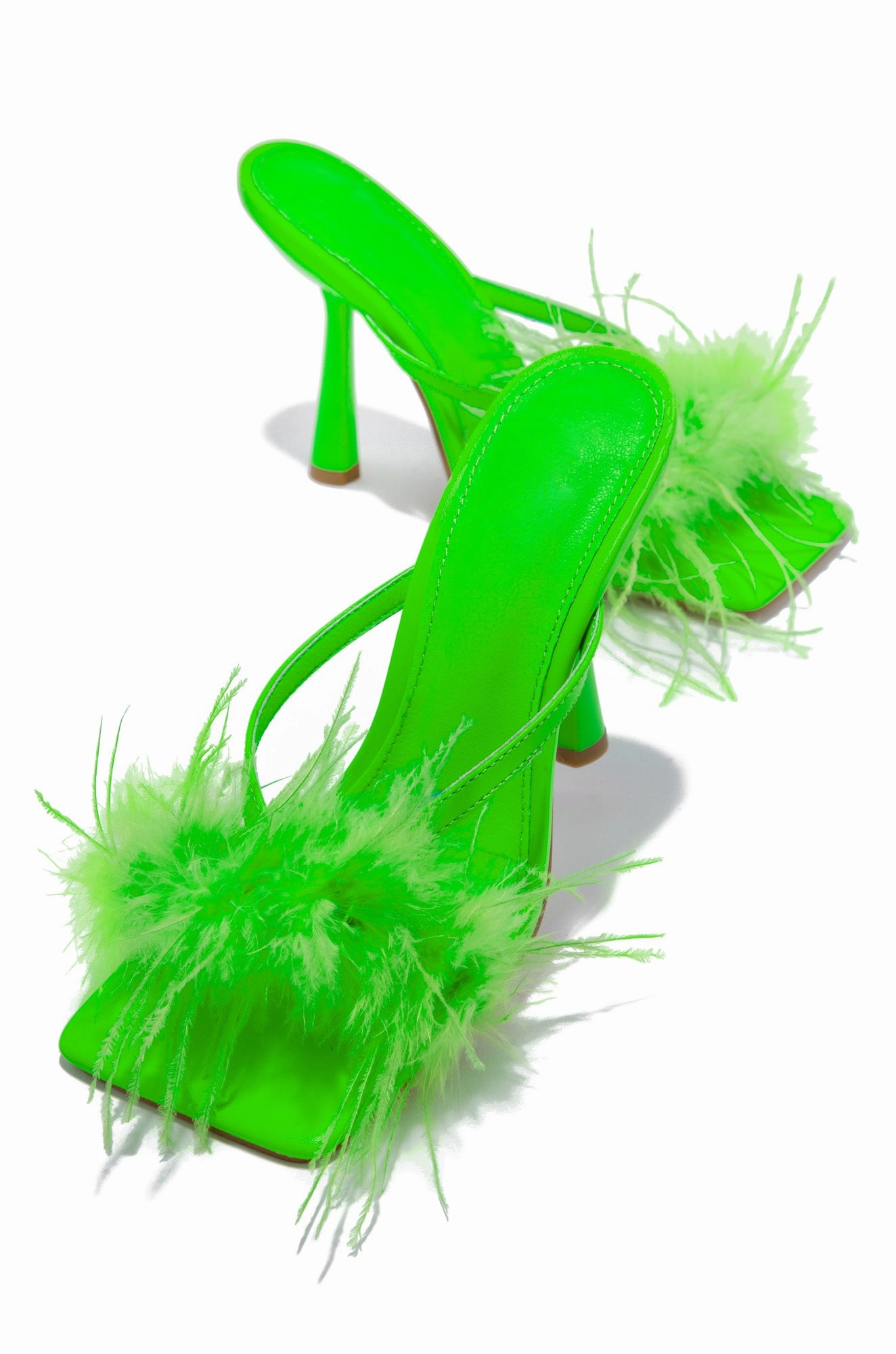 Leana Faux Feather Fur High Heel Mules - Green