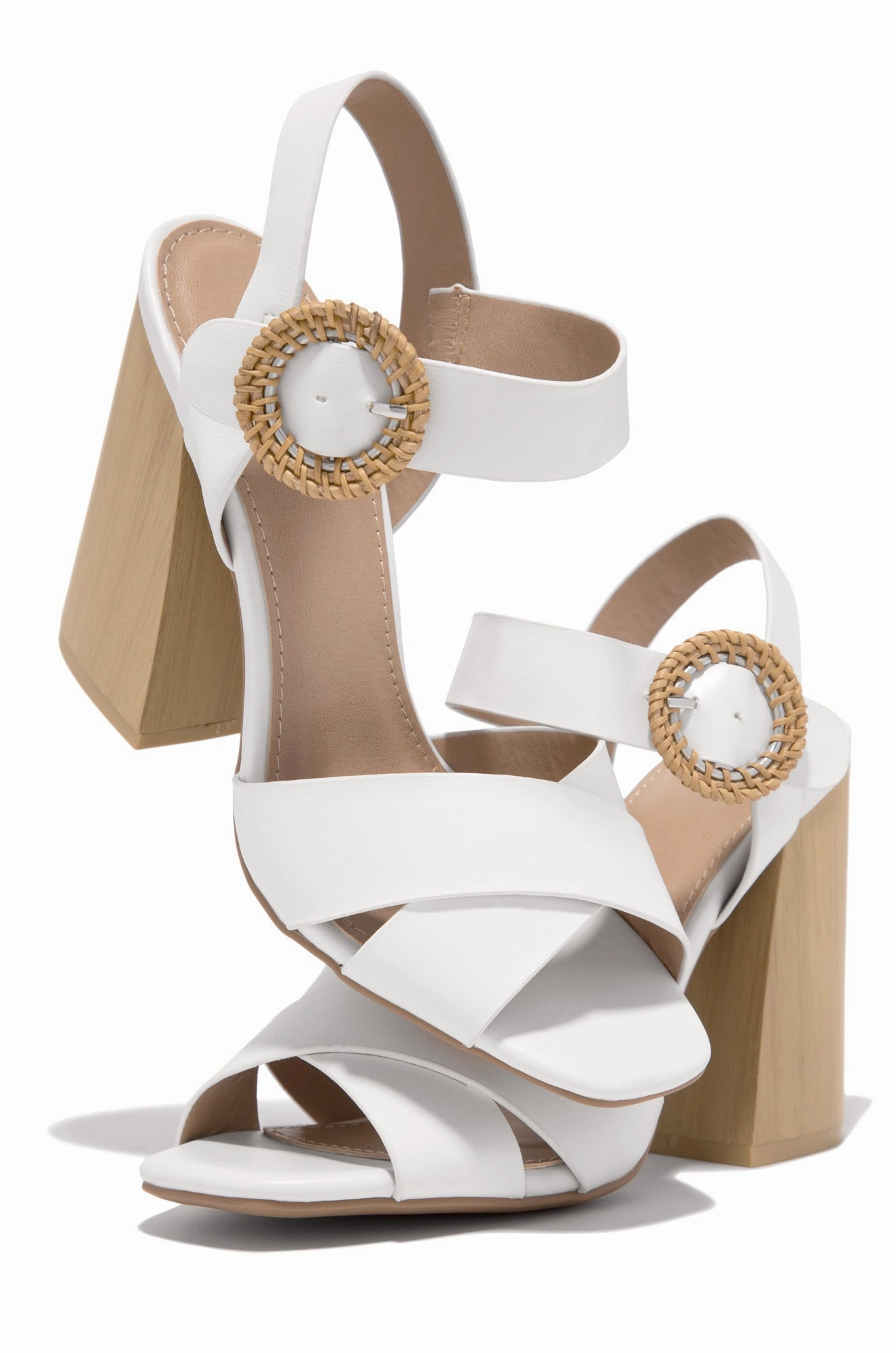 Leilani Raffia Buckle Block Heels - White