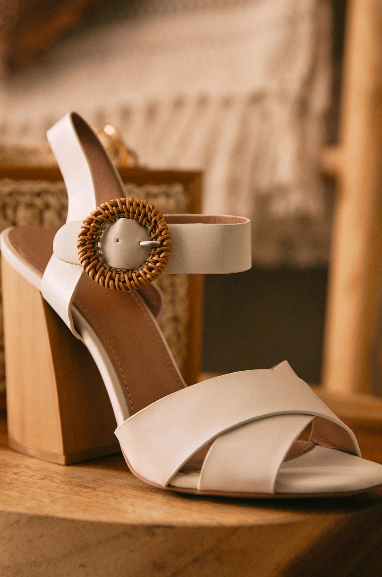 Leilani Raffia Buckle Block Heels - White