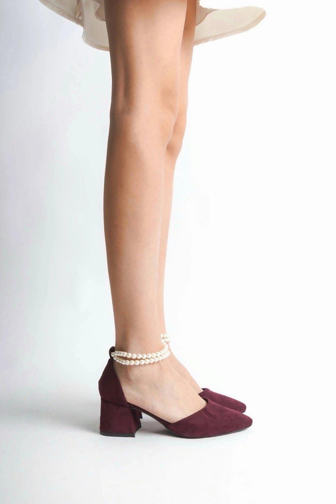 Margot | Burgundy Suede Mid Heels with Pearls