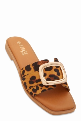 Metallic Pendant Square Toe Slide Sandals