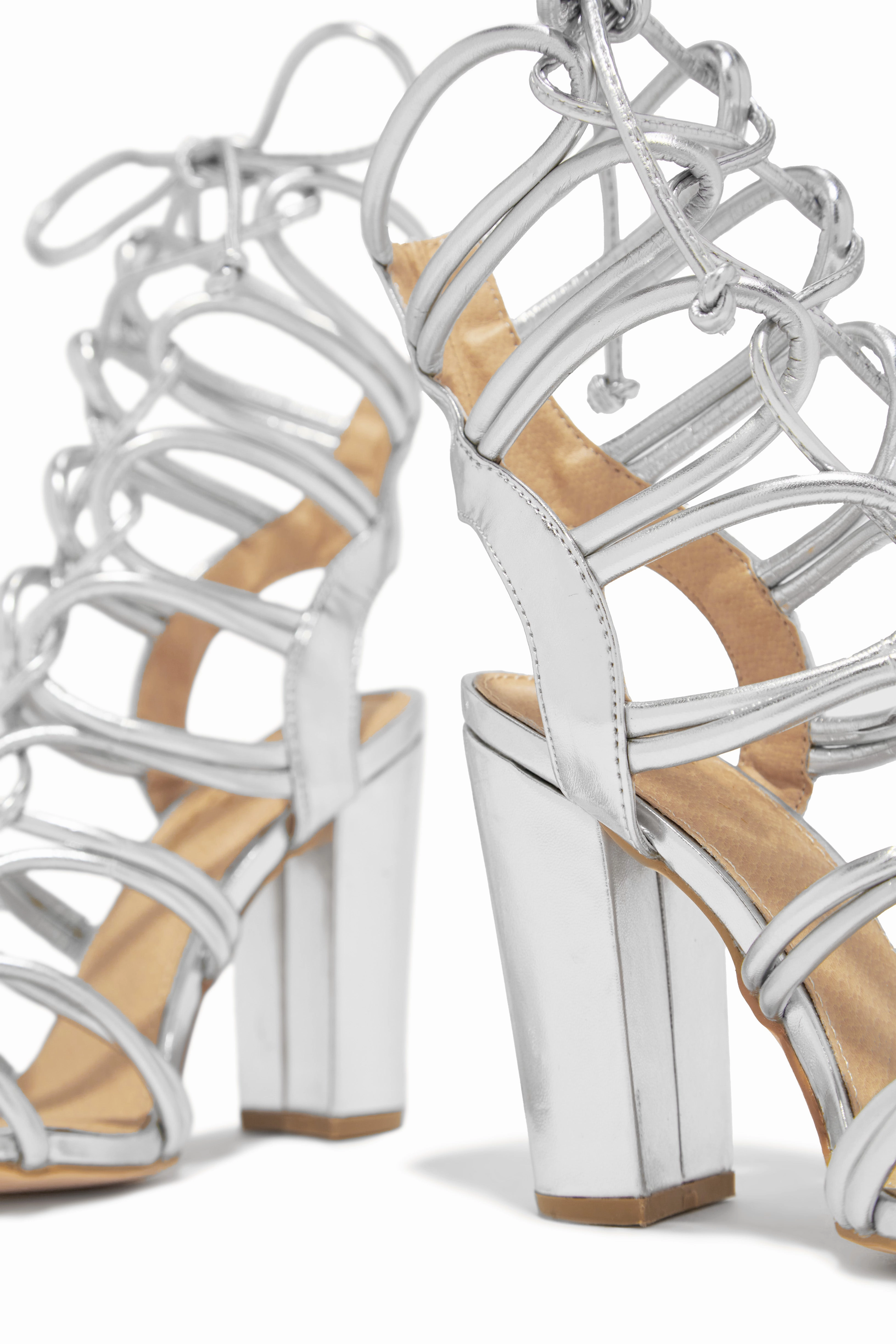 Miami Vibes Lace Up Block High Heels - Silver