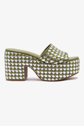 Miso Platform Sandal In Seaweed Leather and Silver Metallic Leather