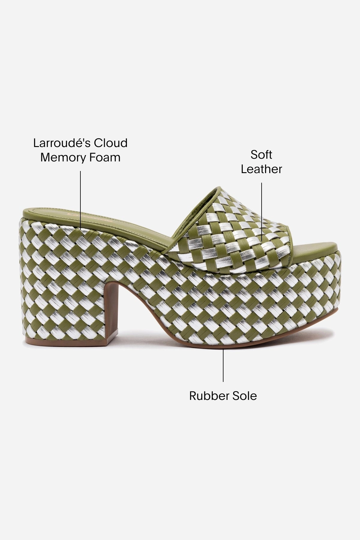 Miso Platform Sandal In Seaweed Leather and Silver Metallic Leather
