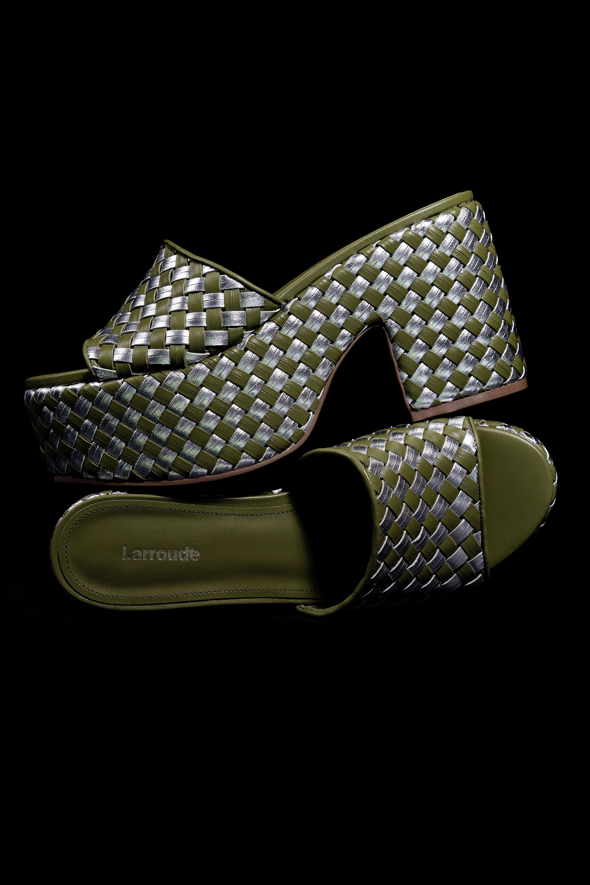 Miso Platform Sandal In Seaweed Leather and Silver Metallic Leather