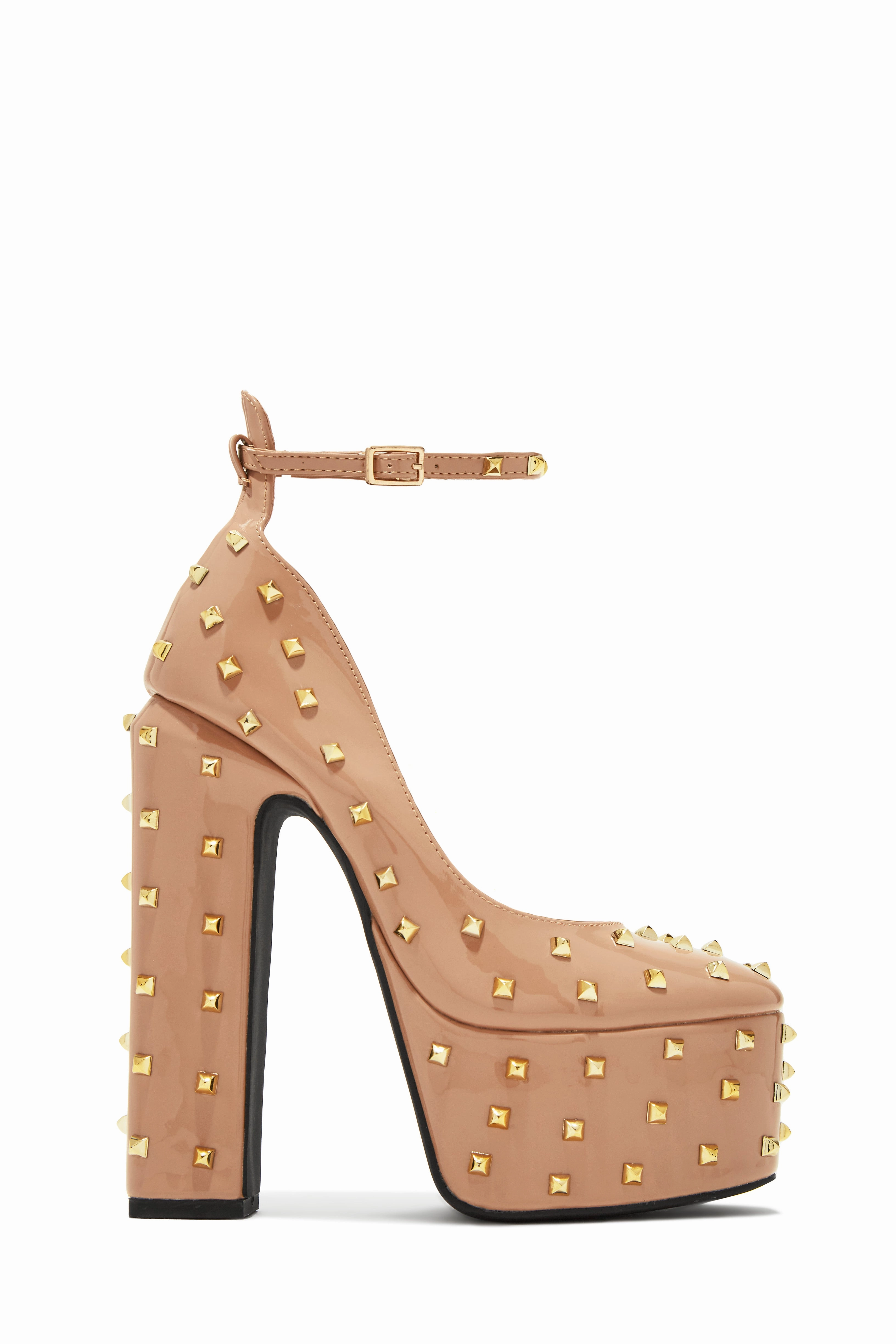 Nayomi Studded Platform Block High Heels - Nude
