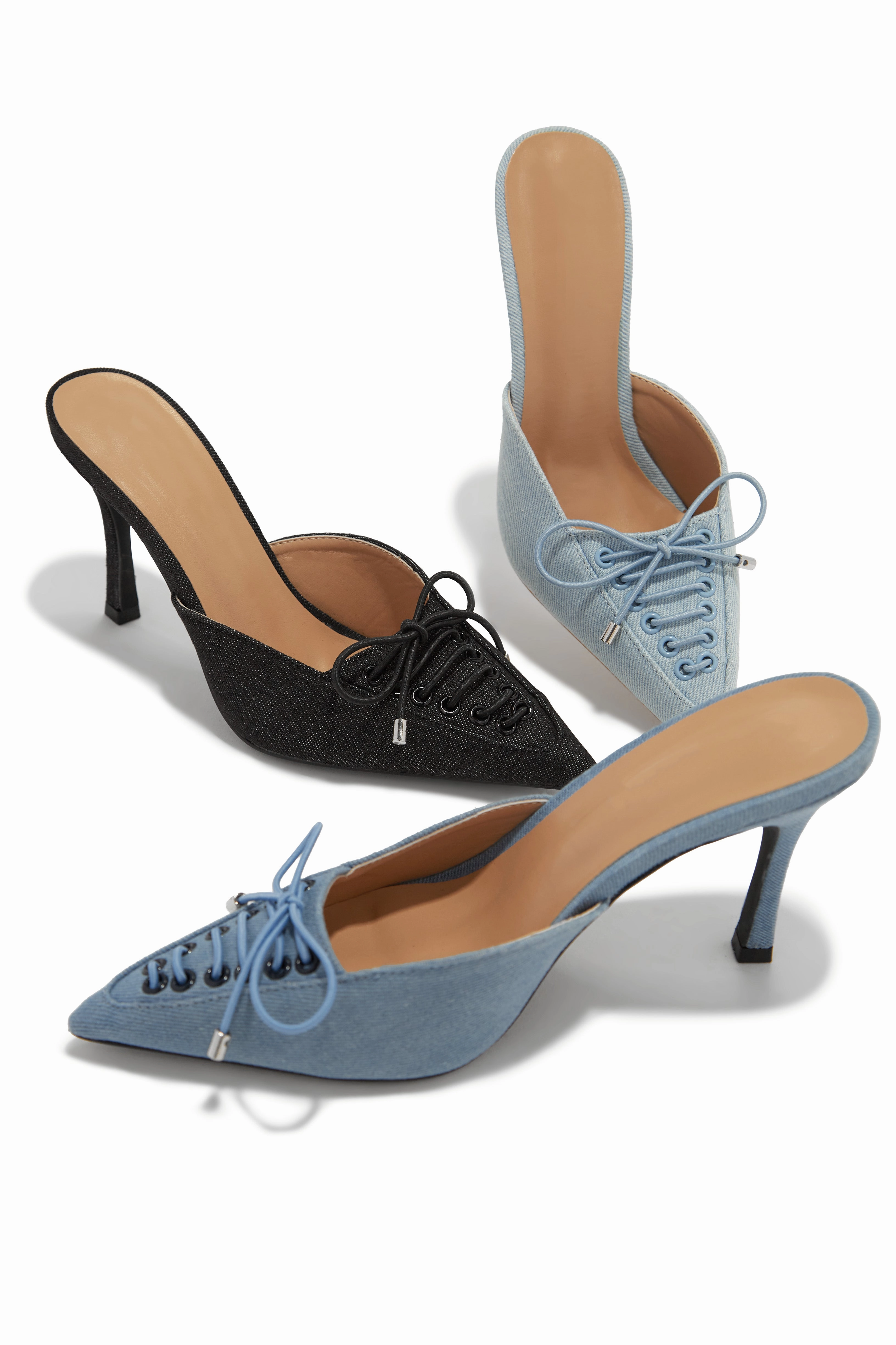 Nyla Pointed Toe Mule Heels - Light Denim