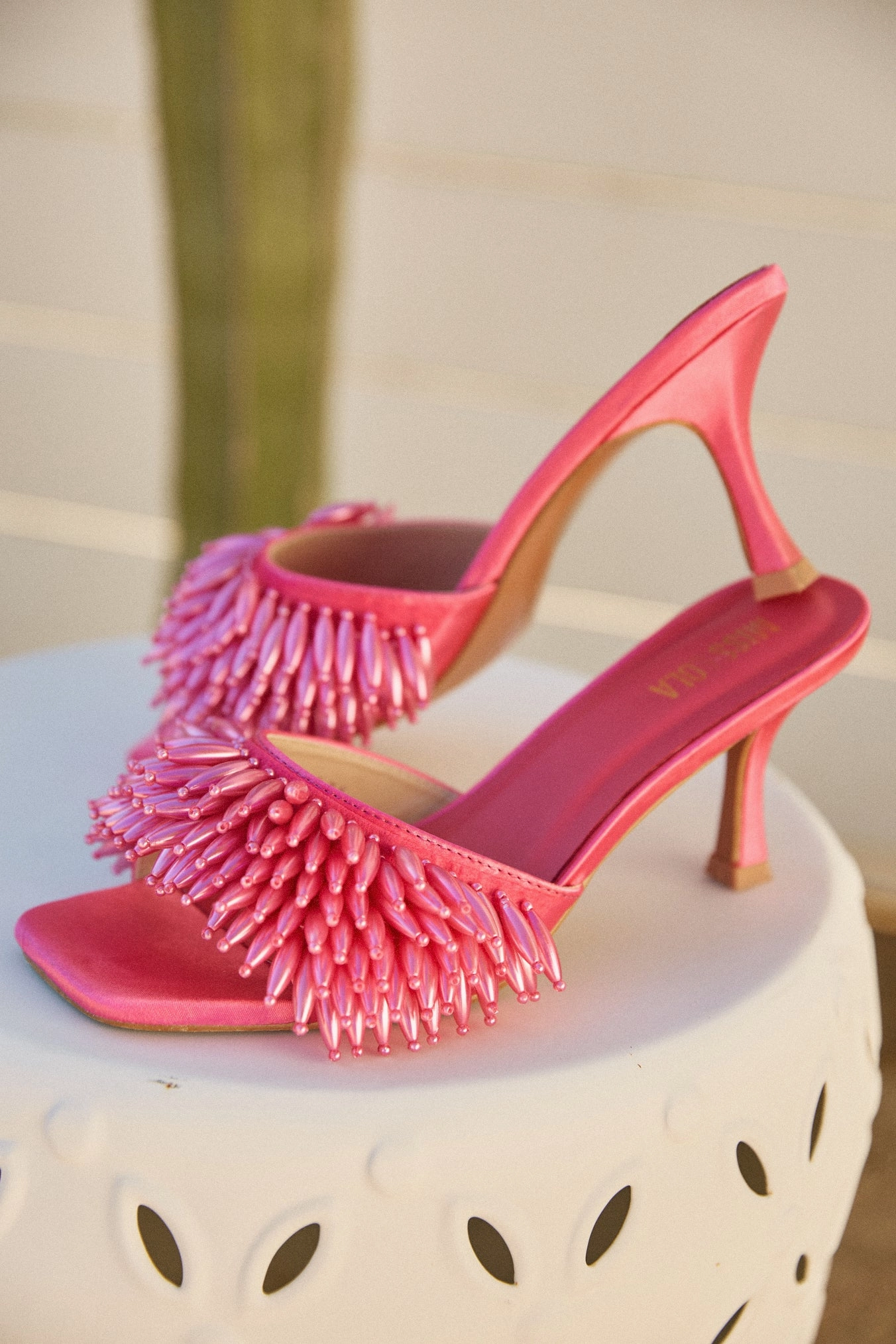 Paradiso Beaded Mid Heel Mules - Pink