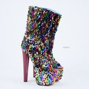 Sequin Fabric High Heel Platform Boots