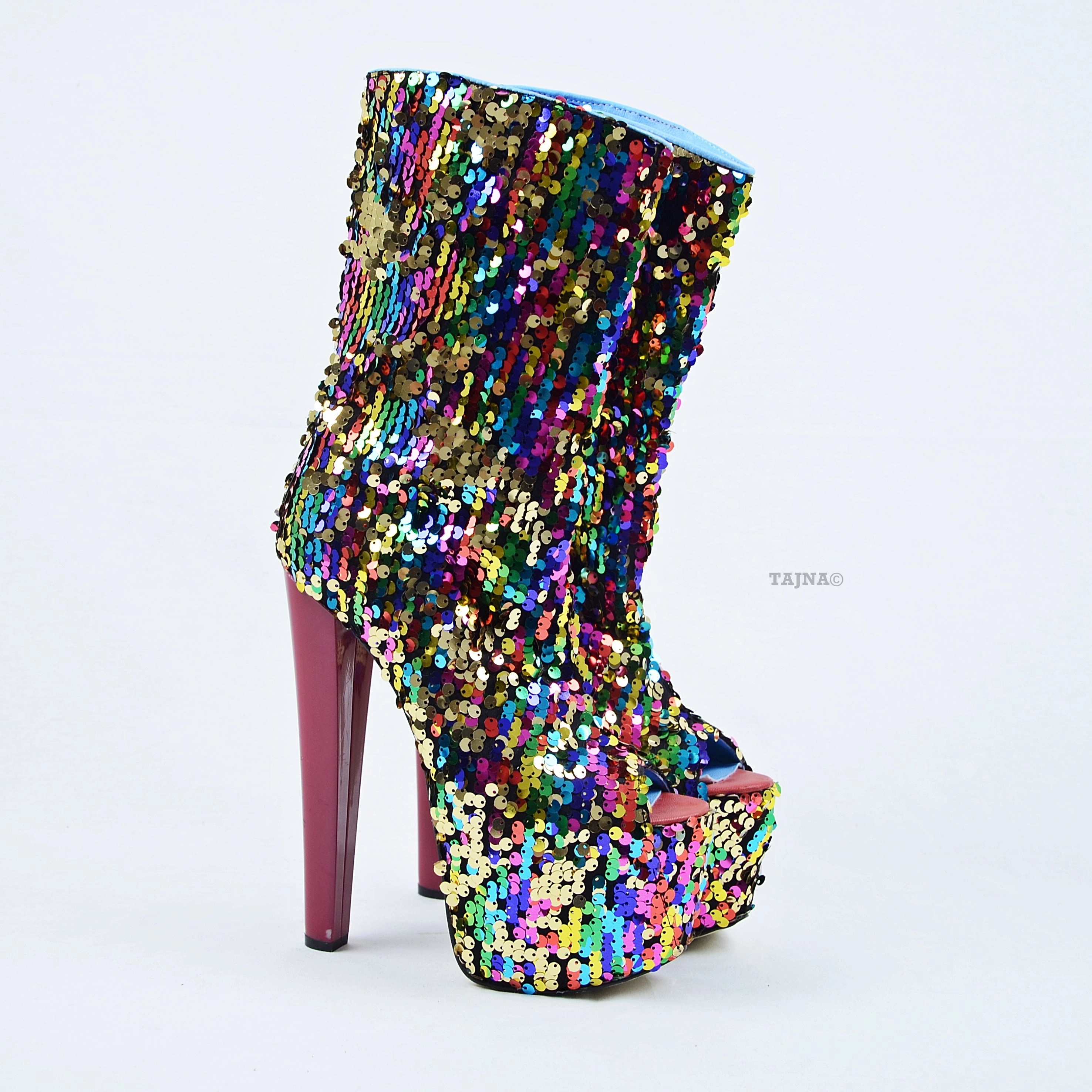Sequin Fabric High Heel Platform Boots