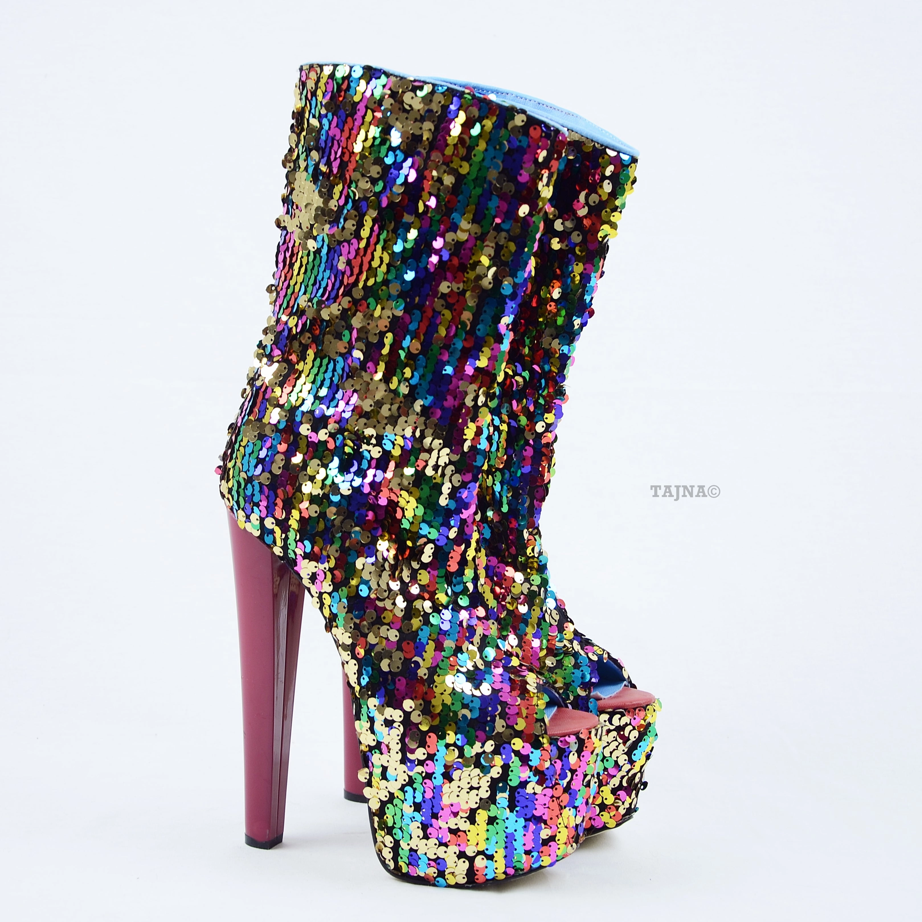 Sequin Fabric High Heel Platform Boots