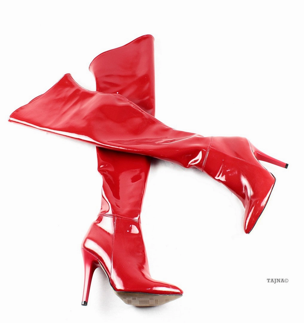Strech Red Patent Over Knee Boots