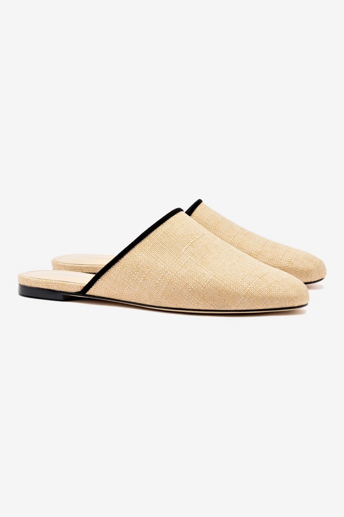 Venice Flat Mule In Beige Raffia and Black Trimming