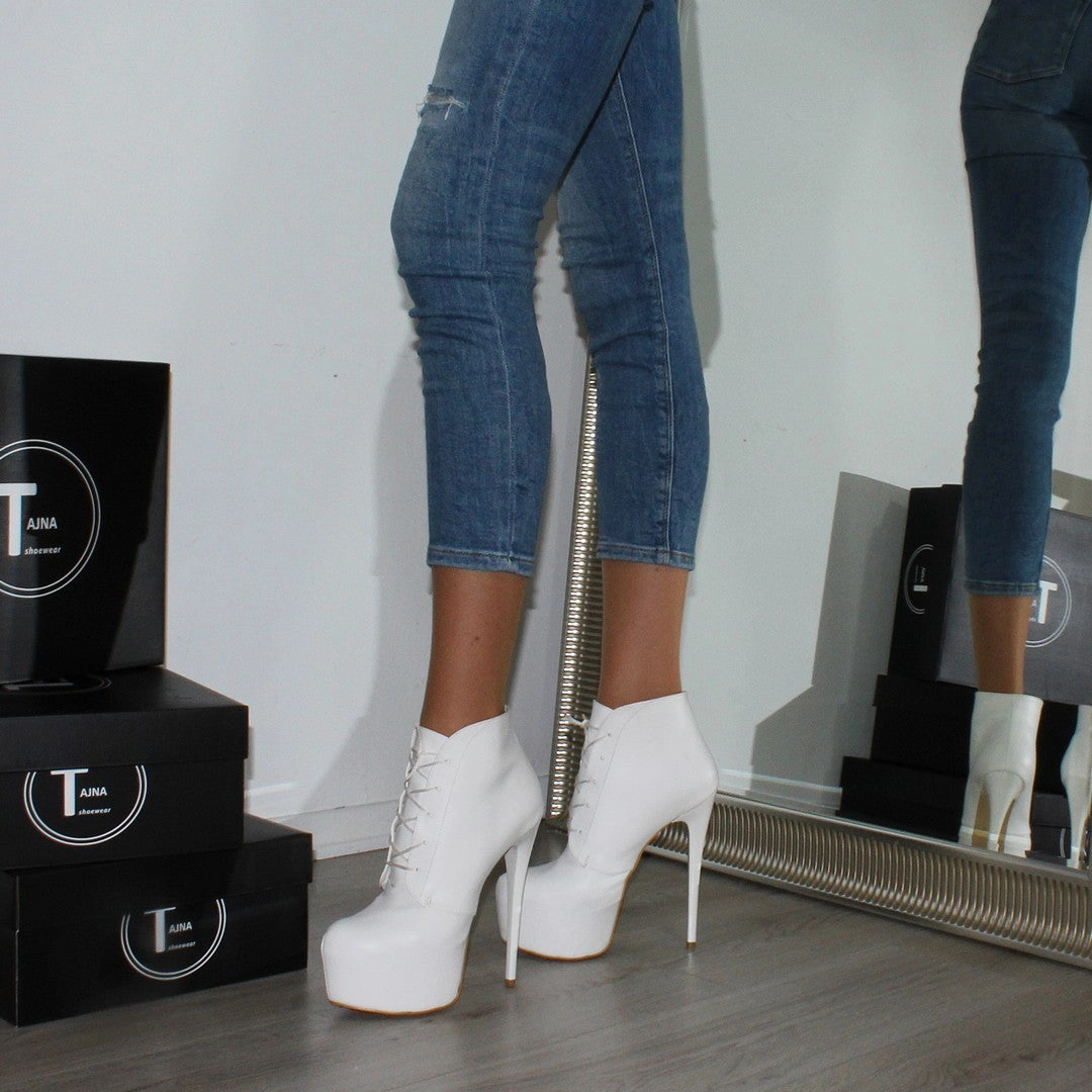 White Lace Up Ankle High Heel Platform Booties