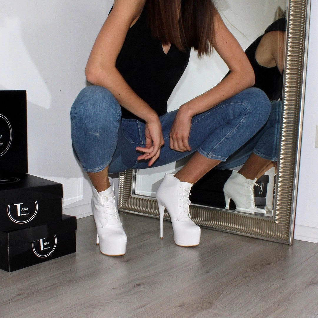 White Lace Up Ankle High Heel Platform Booties
