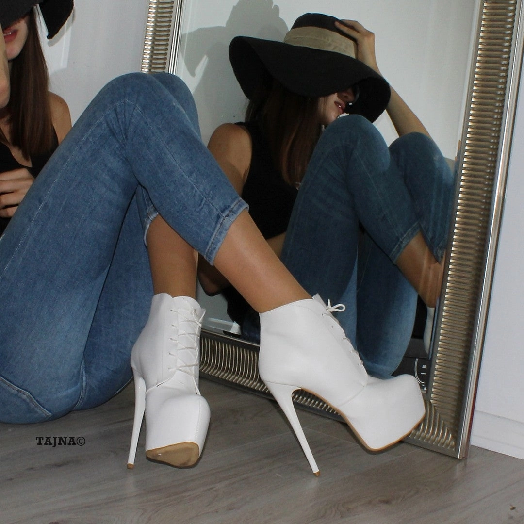 White Lace Up Ankle High Heel Platform Booties