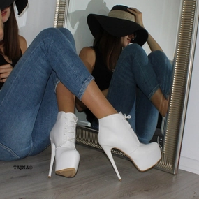 White Lace Up Ankle High Heel Platform Booties