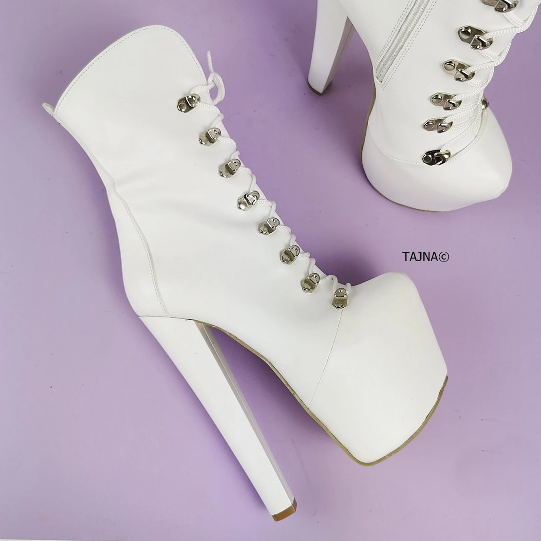 White Lace Up Chunky Heels Boots