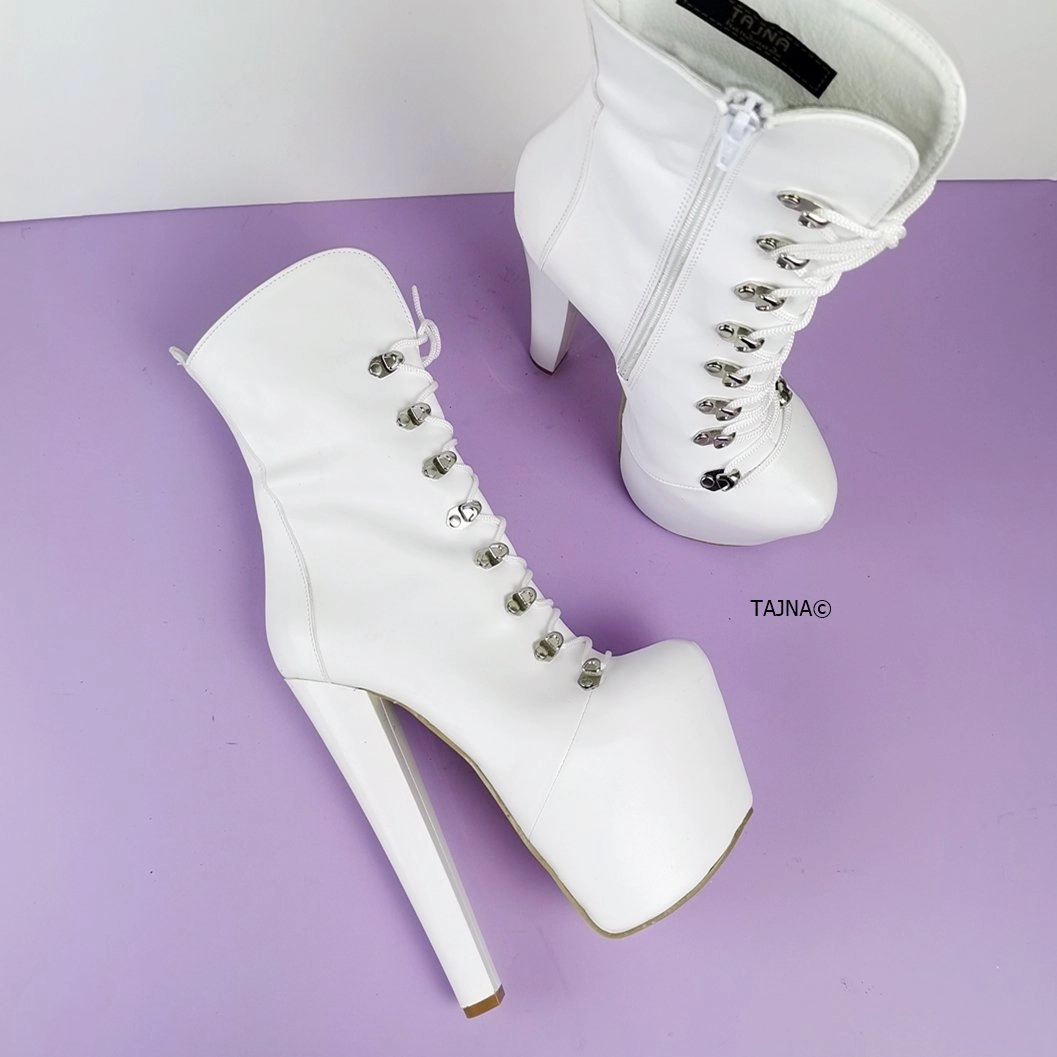 White Lace Up Chunky Heels Boots