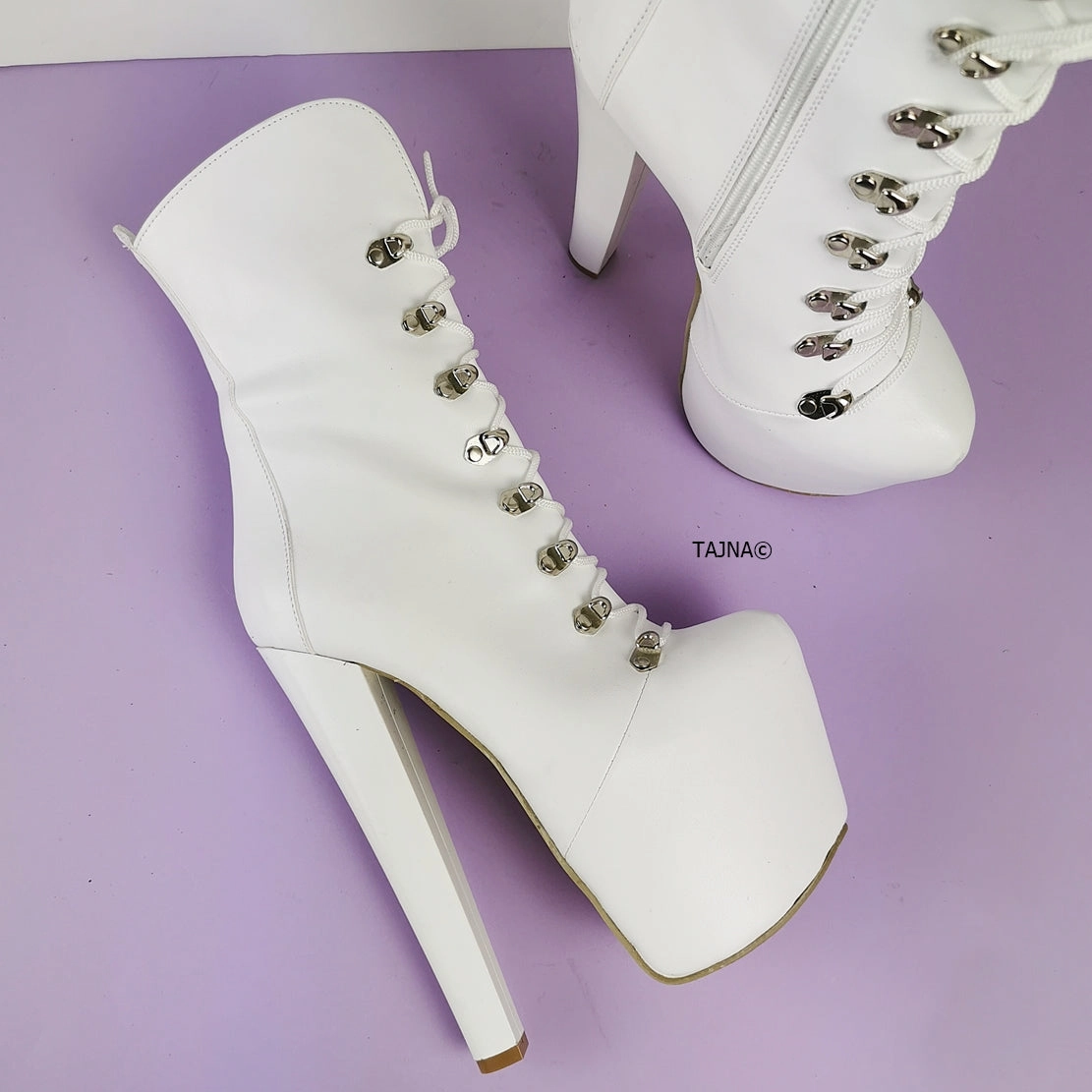 White Lace Up Chunky Heels Boots