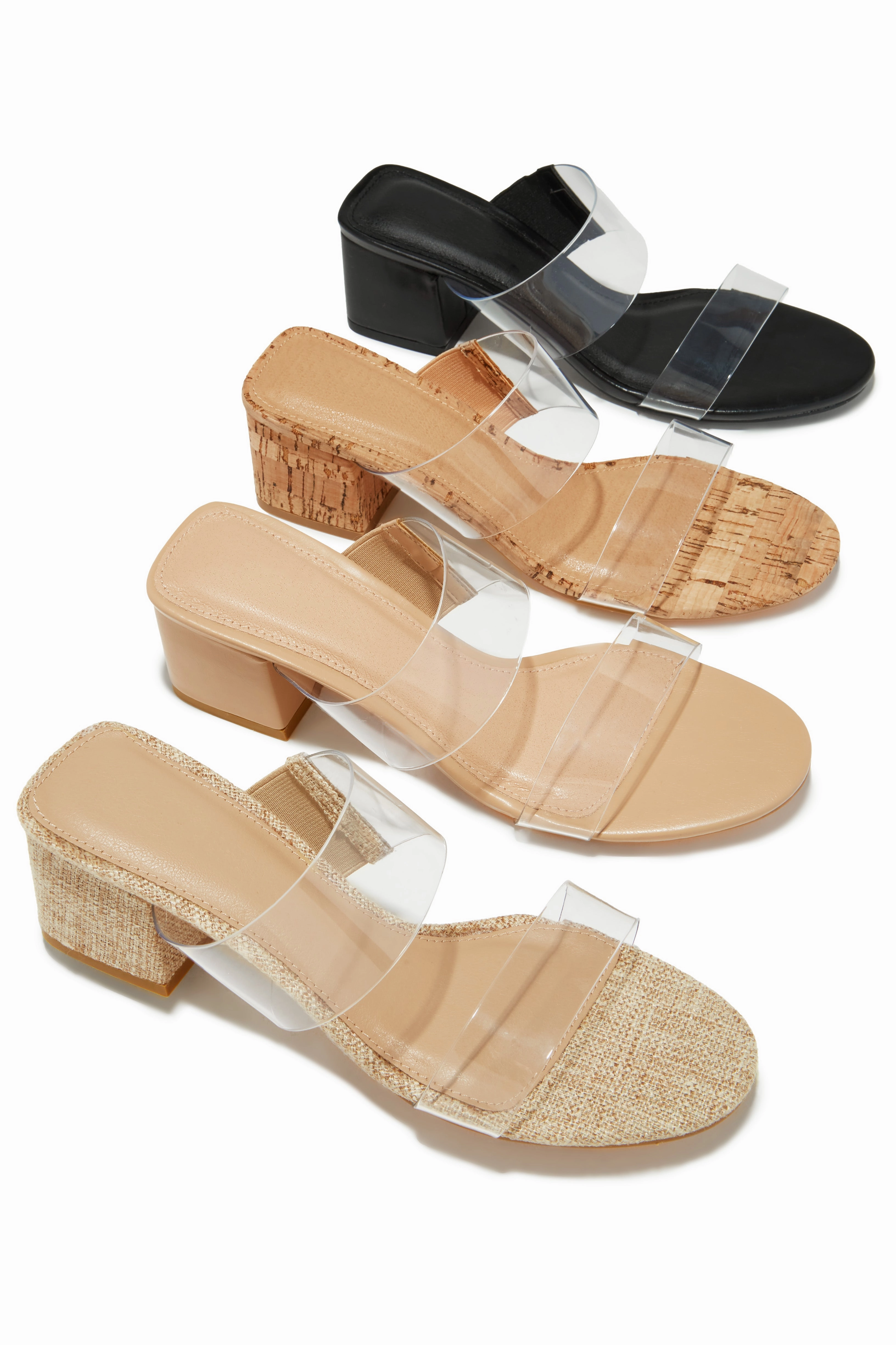 Yara Clear Strap Block Mid Heel Mules - Nude